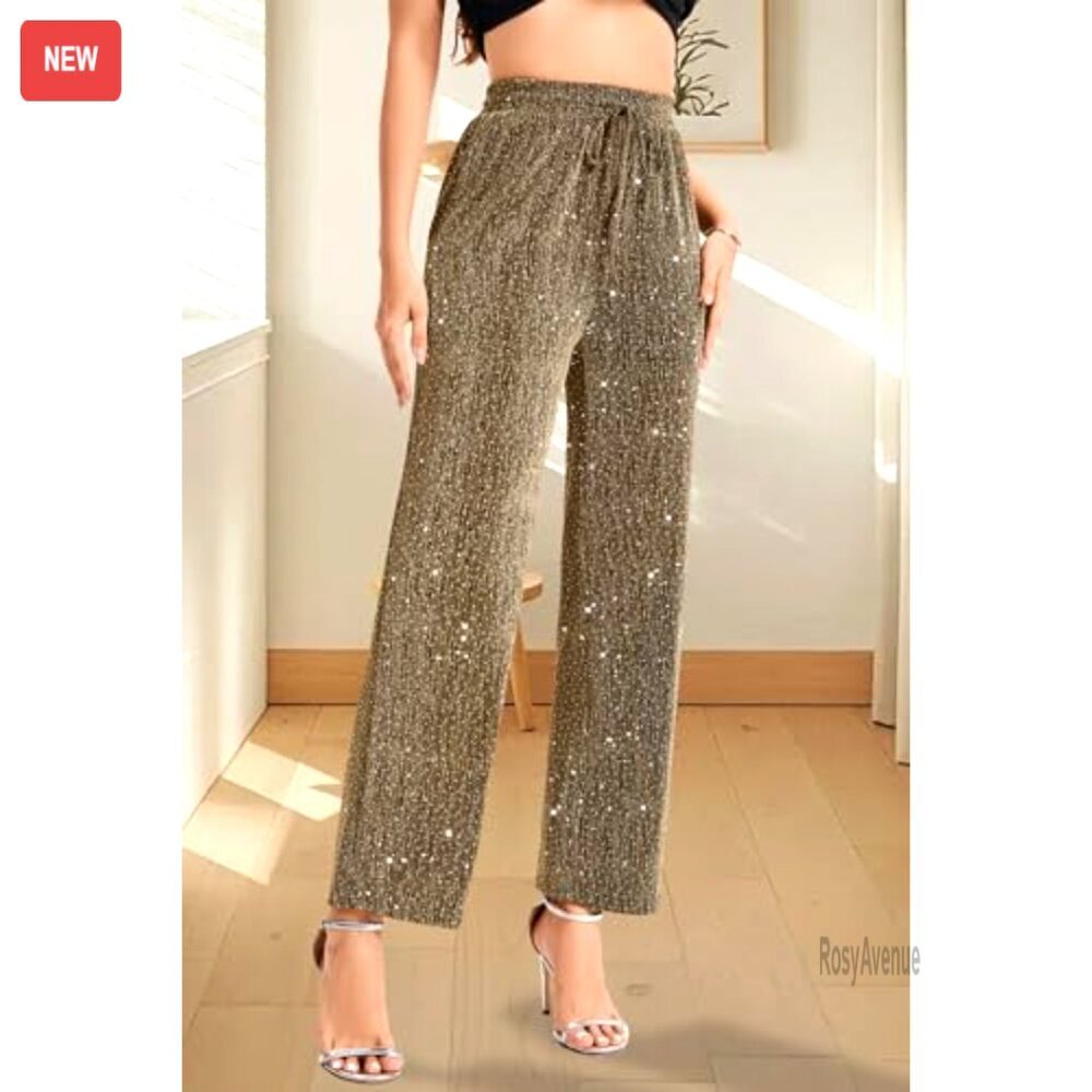 High Elastic Waist Wide Leg Palazzo Pants Glitter Sparkle Casual Loose Long - Picture 4 of 7